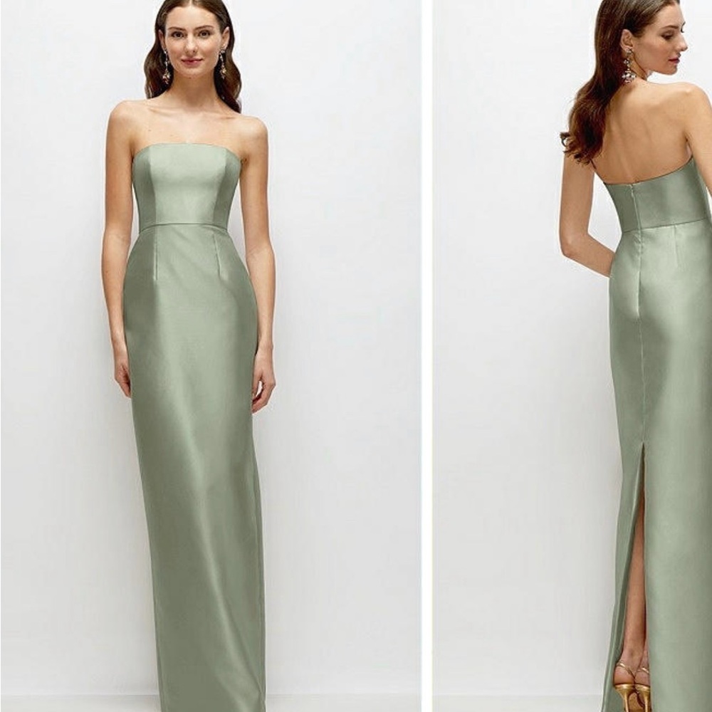 Strapless Satin Column Dress with Back Slit willow green